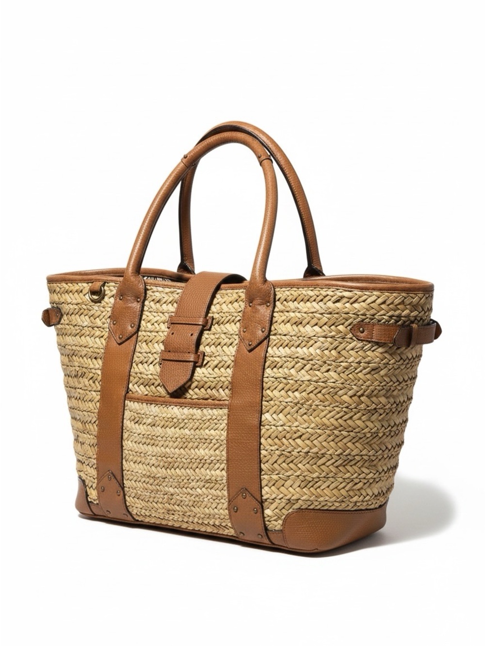J. CREW Woven Straw Market Shopping Tote Beach Resort Bag Leather Straps Large - Picture 11 of 12